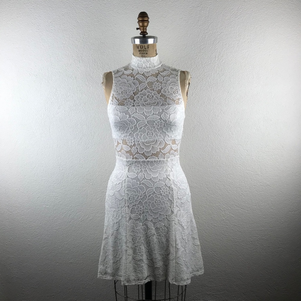 Show Me Your MuMu I XS White Sheer Peek-a-Boo Lace Mock Neck Alexa Skater Dress